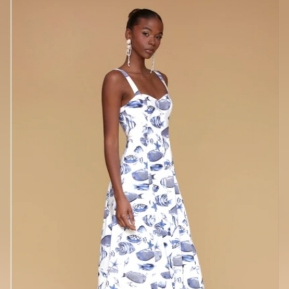 🔹️Avec Les Filles🔹️ Blue Marina Fish  Printed Midi  Dress Size 14 - Picture 4 of 6